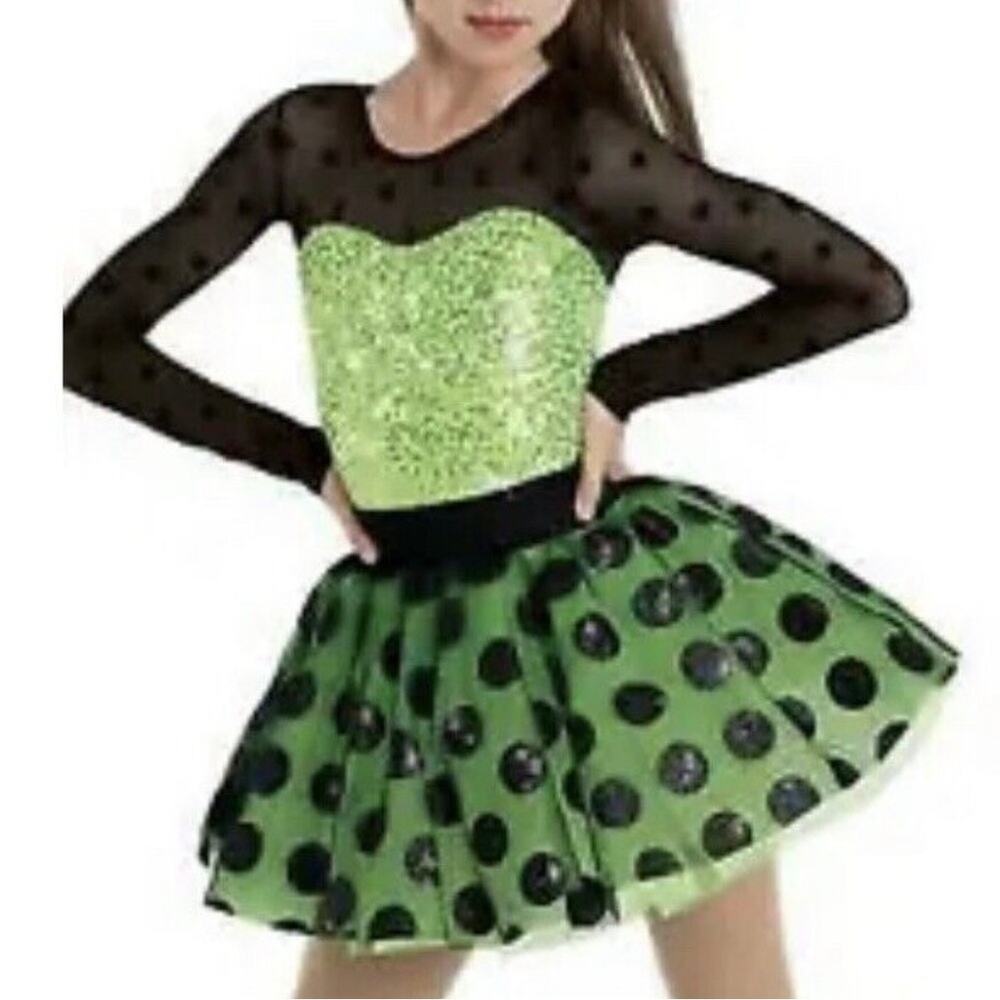 WEISSMAN Welcome to New York 8668 Black Neon Green Polka Dots Sz LC Large Child